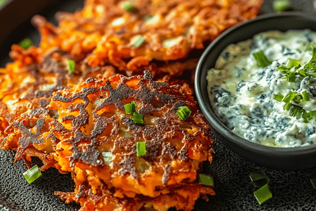 Buffalo Latkes with Blue Cheese Dip