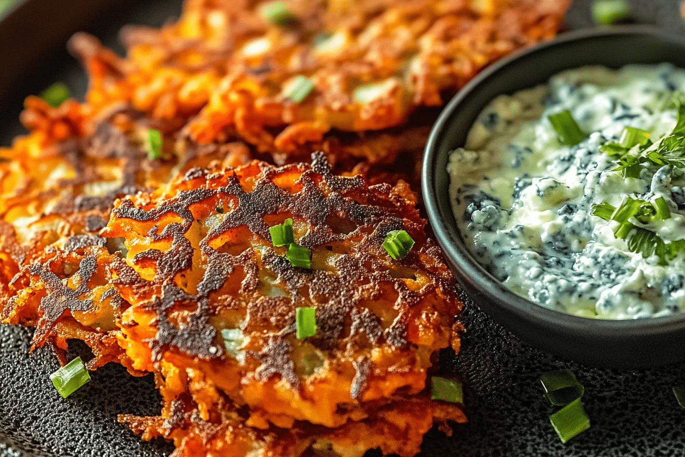 Buffalo Latkes with Blue Cheese Dip
