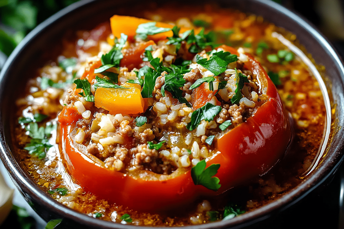 Stuffed Pepper Soup with Ground Beef and Rice