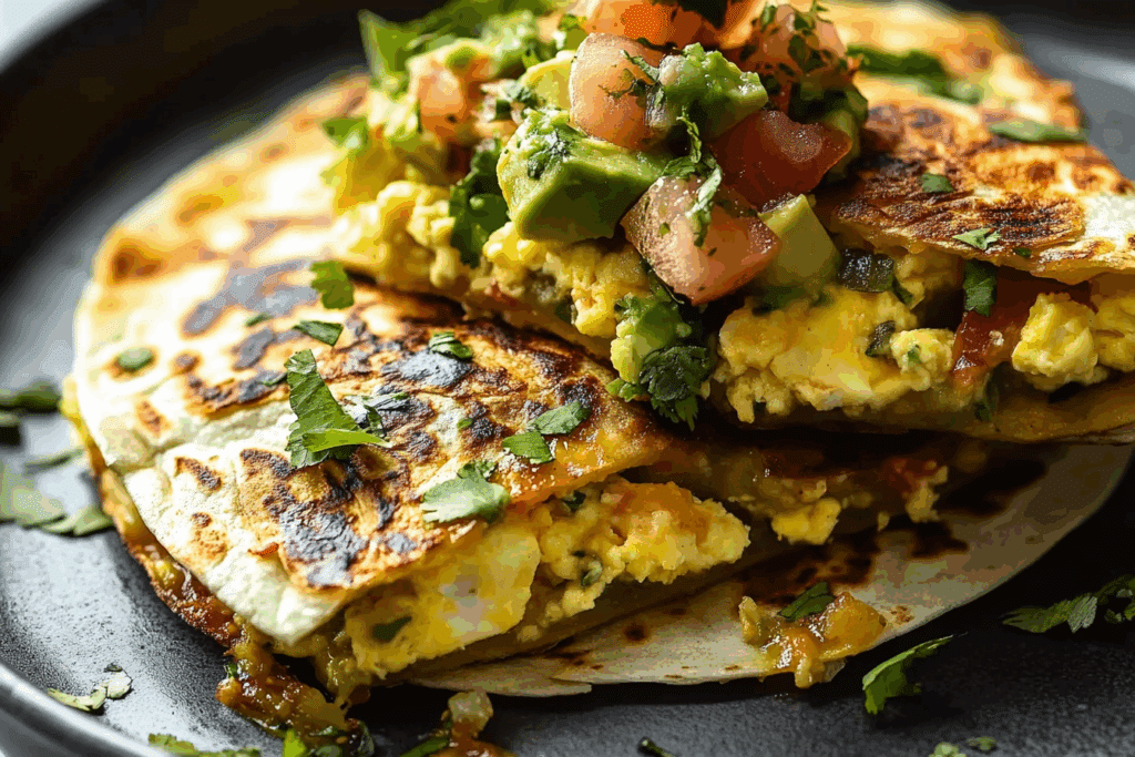 Breakfast Quesadilla with Soft Scrambled Eggs and Avocado Salsa