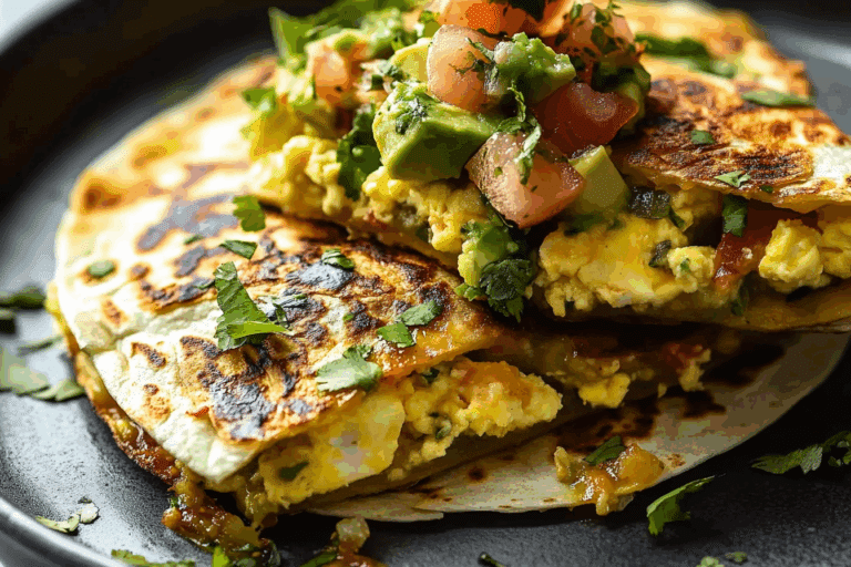 Breakfast Quesadilla with Soft Scrambled Eggs and Avocado Salsa