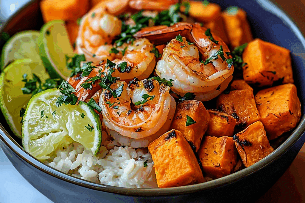 Coconut Garlic Shrimp & Sweet Potato Rice Bowl