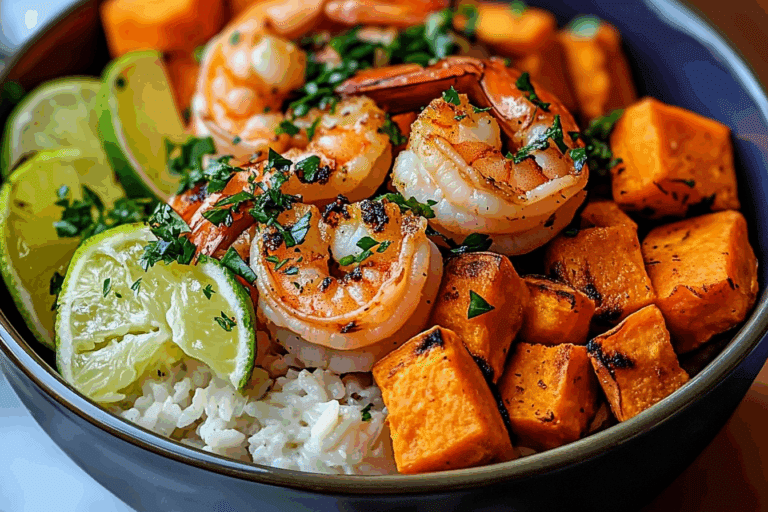 Coconut Garlic Shrimp & Sweet Potato Rice Bowl