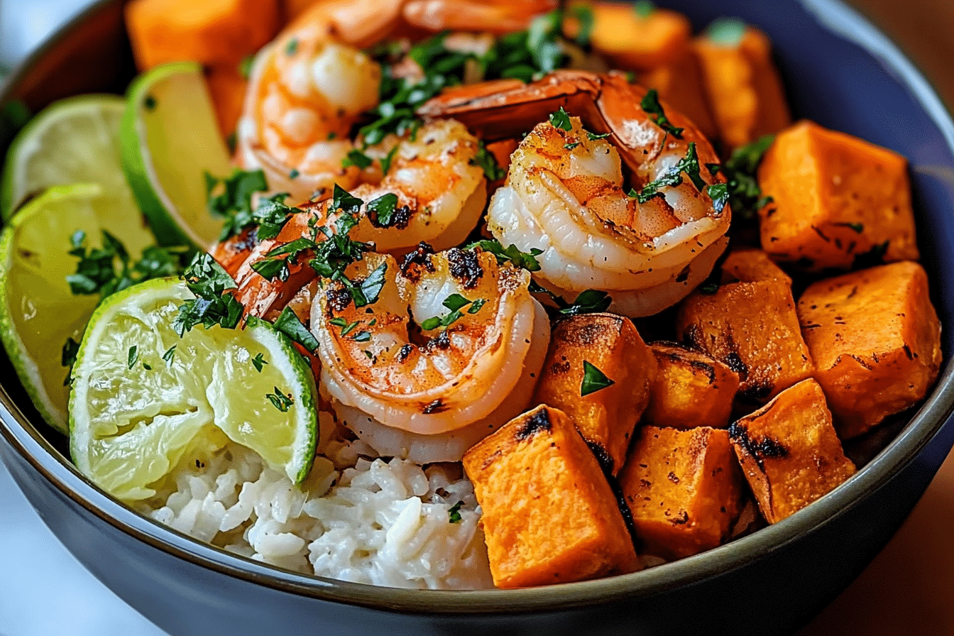 Coconut Garlic Shrimp & Sweet Potato Rice Bowl