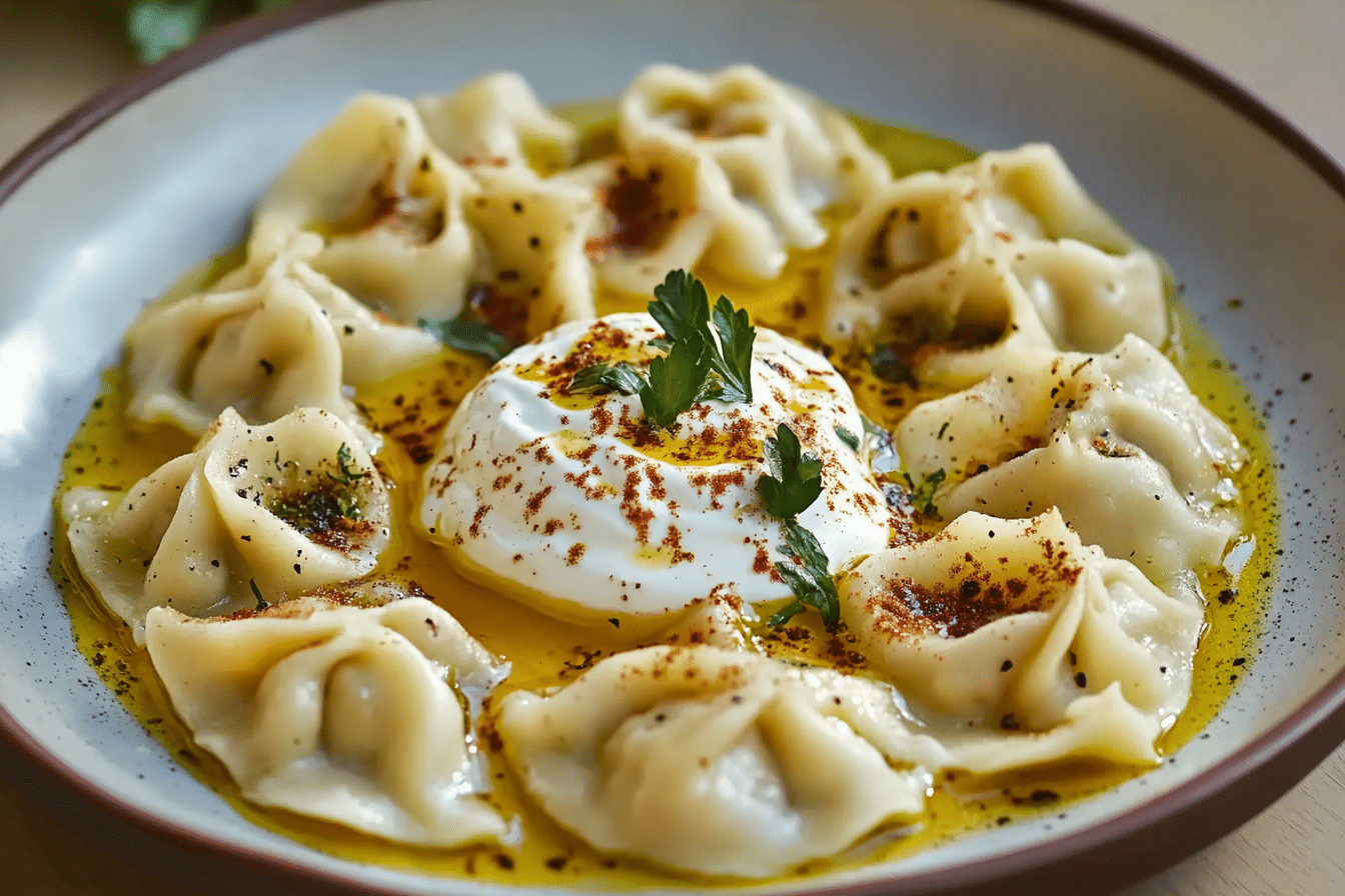 Manti – Turkish Dumplings with Garlicky Yogurt and Spiced Oil