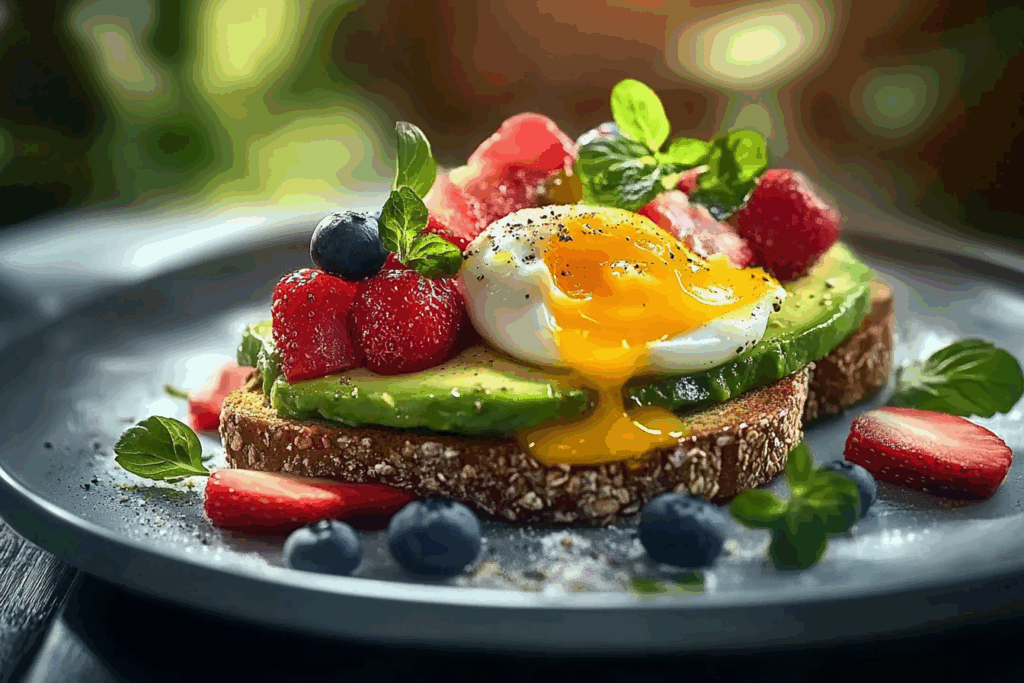 Avocado Toast with Fried Eggs & Fresh Fruit