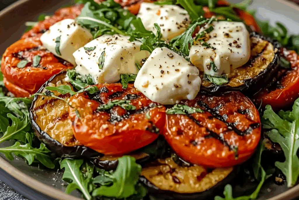 Grilled Eggplant Ratatouille with Fresh Cheese and Arugula