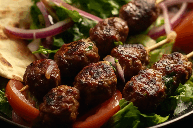 Middle Eastern Kofta Kebabs with Salad and Flatbread