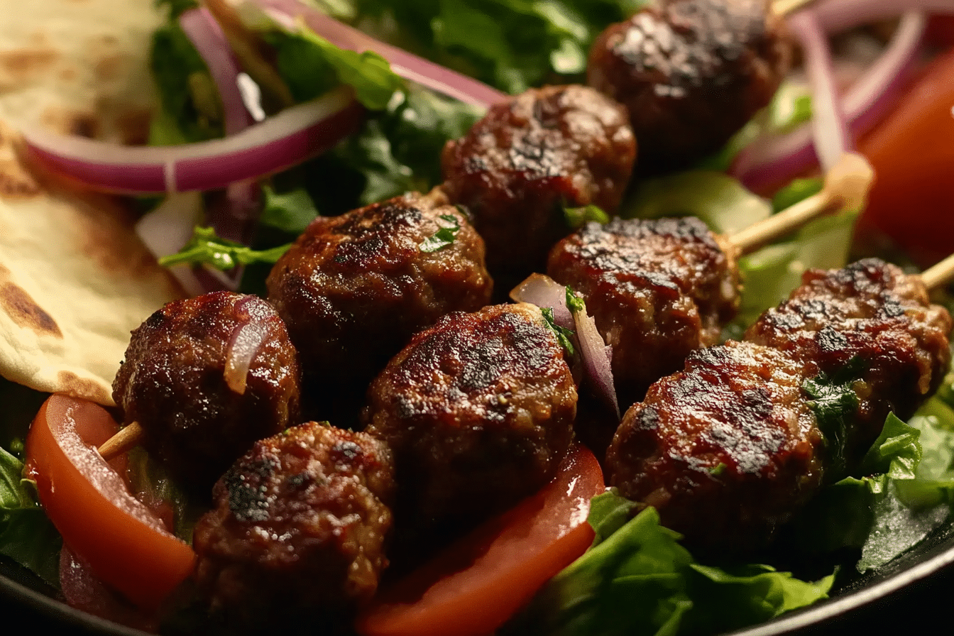 Middle Eastern Kofta Kebabs with Salad and Flatbread