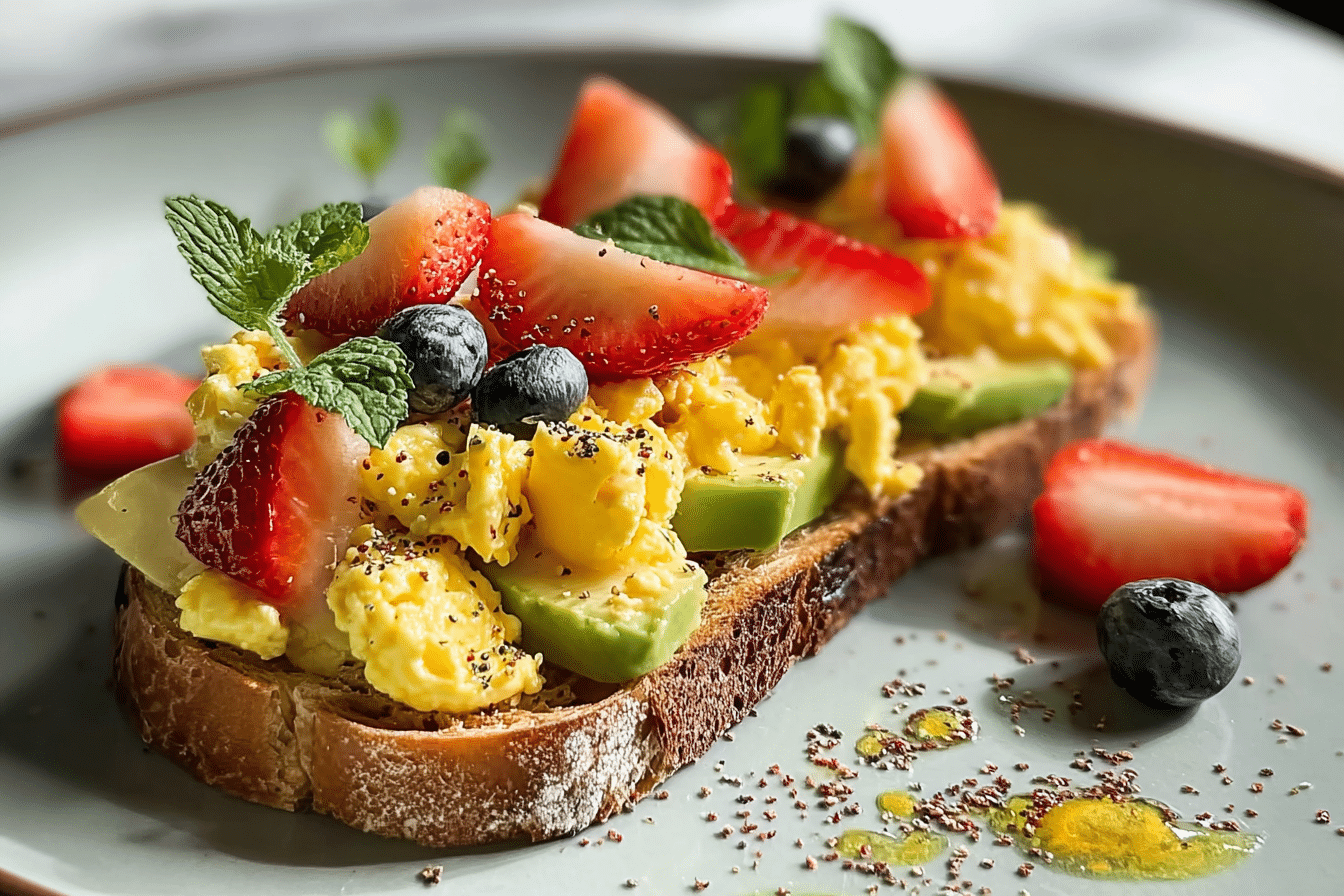Avocado Toast with Scrambled Eggs & Fresh Fruit