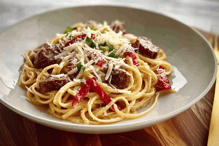 Cajun Beef Spaghetti in Creamy Three-Cheese Parmesan Sauce