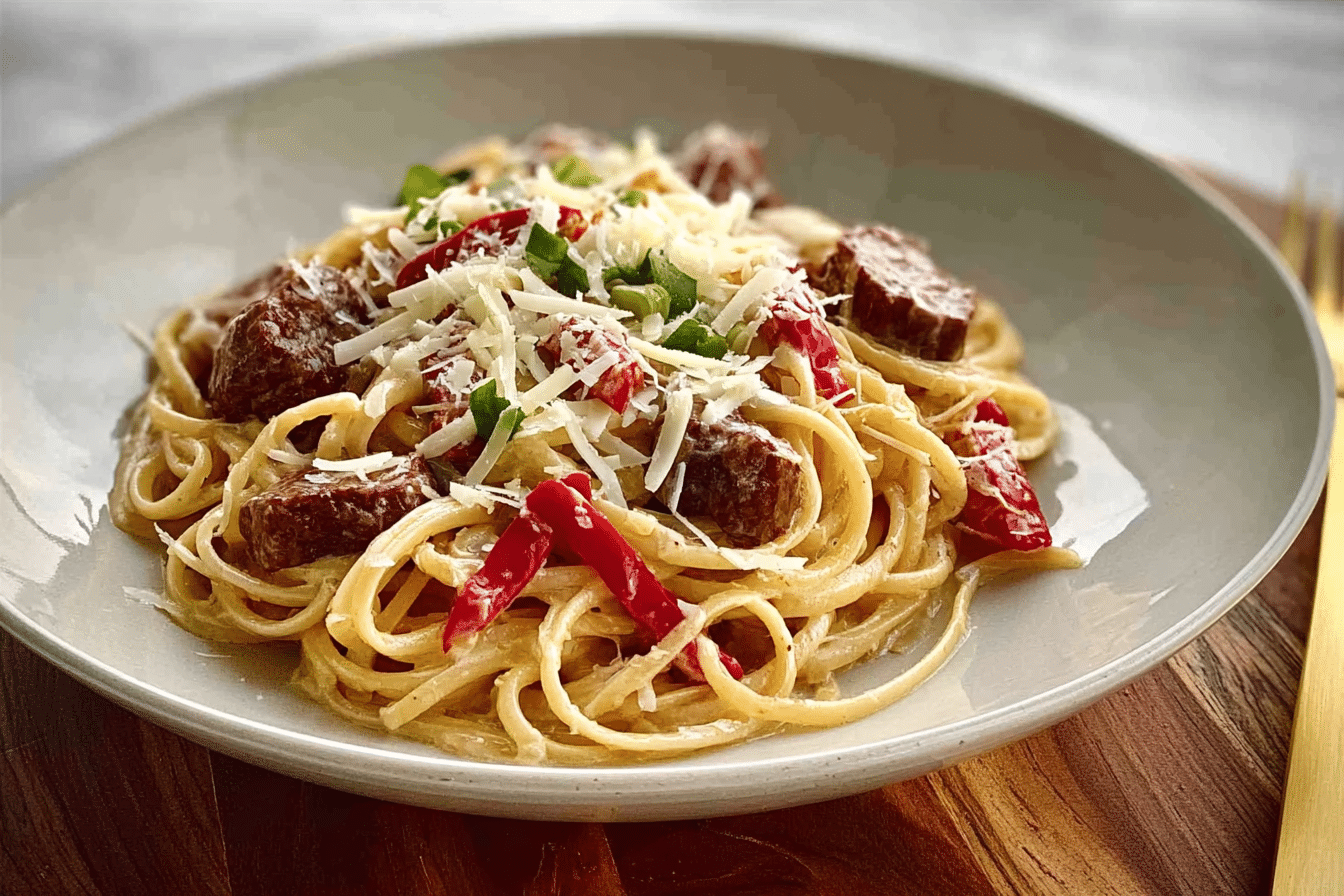 Cajun Beef Spaghetti in Creamy Three-Cheese Parmesan Sauce