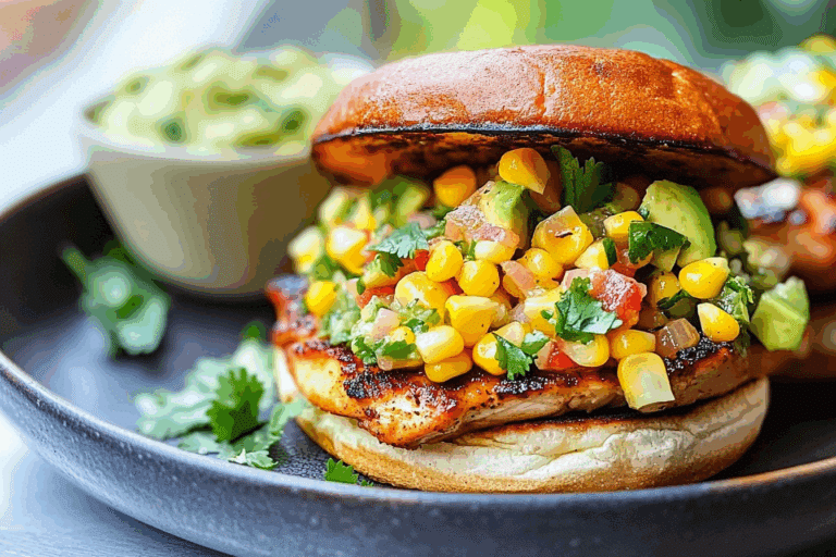 Chicken Burgers with Avocado Corn Salsa