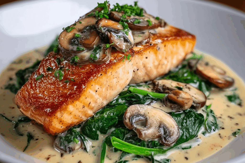 Garlic Butter Salmon with Spinach & Mushrooms in Creamy Sauce