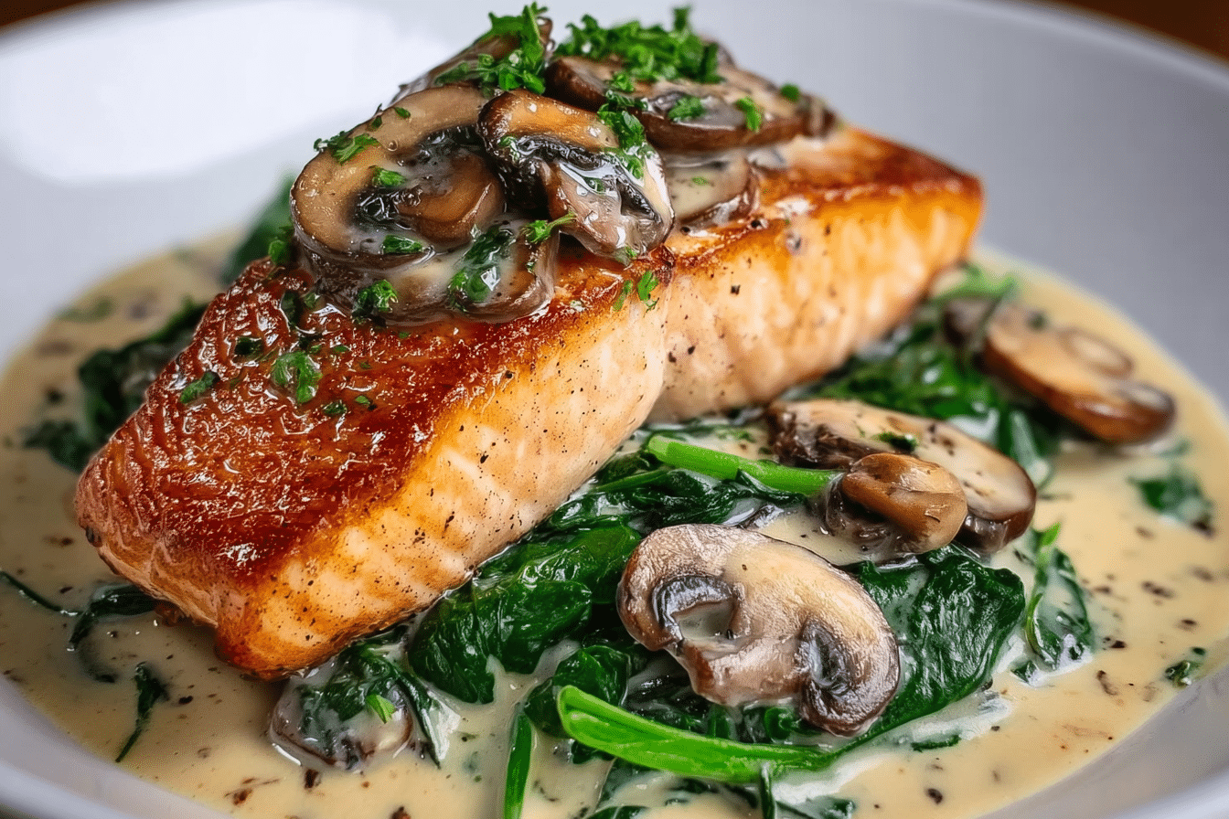 Garlic Butter Salmon with Spinach & Mushrooms in Creamy Sauce