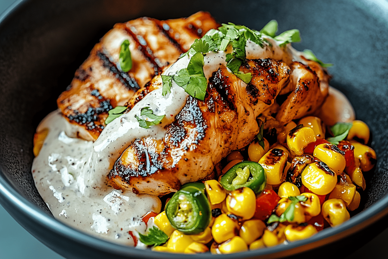 Grilled Chicken Bowl with Corn, Jalapeños & Creamy Sauce