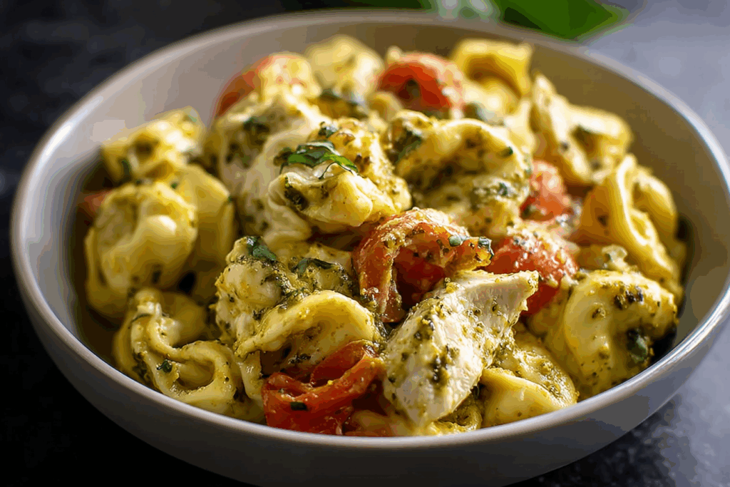Slow Cooker Tortellini Casserole with Cheesy Chicken & Pesto