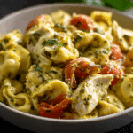 Slow Cooker Tortellini Casserole with Cheesy Chicken & Pesto