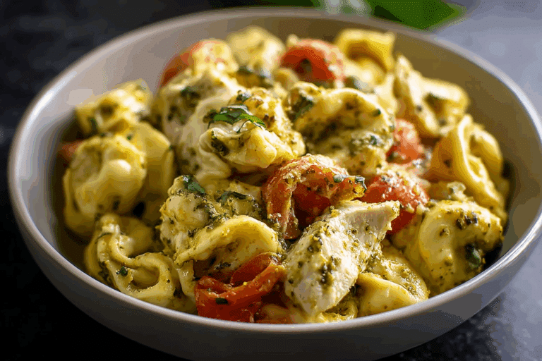 Slow Cooker Tortellini Casserole with Cheesy Chicken & Pesto