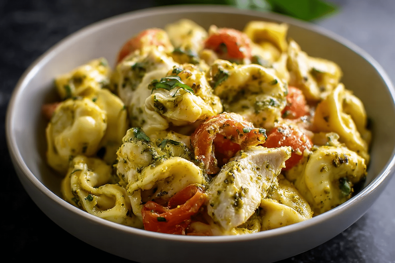 Slow Cooker Tortellini Casserole with Cheesy Chicken & Pesto