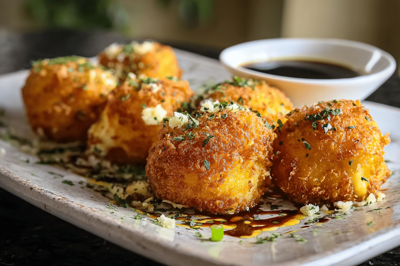 Smoked Gouda Fritters with Balsamic Honey Mustard Dipping Sauce