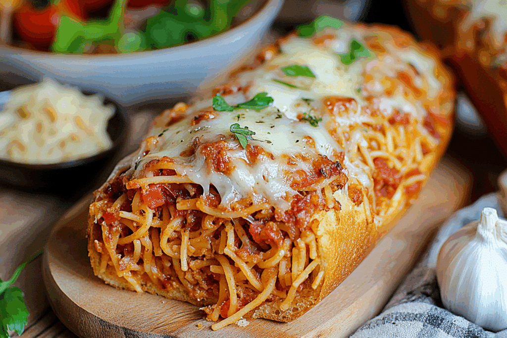 Spaghetti Stuffed Garlic Bread