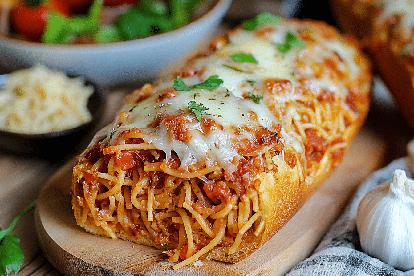Spaghetti Stuffed Garlic Bread