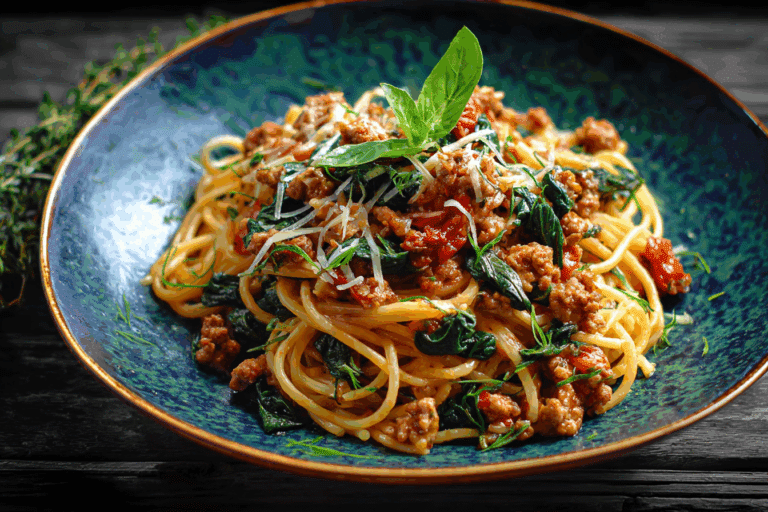 Cheesy Garlic Butter Spaghetti with Italian Sausage & Spinach