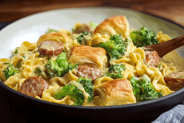 Cheesy Sausage & Broccoli Pasta with Flaky Crescent Rolls