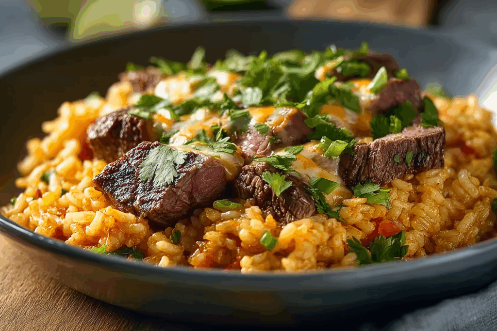 Cheesy Steak Queso Rice Skillet