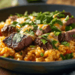 Cheesy Steak Queso Rice Skillet
