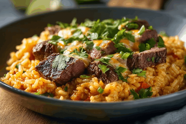 Cheesy Steak Queso Rice Skillet