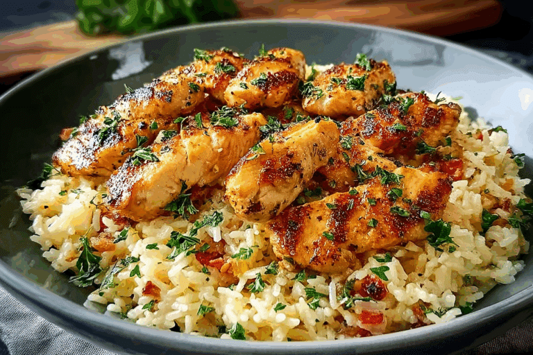 Chicken Scampi with Creamy Garlic Parmesan Rice.