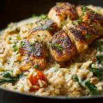 Creamy Parmesan Spinach Rice w/ Spicy Garlic Chicken