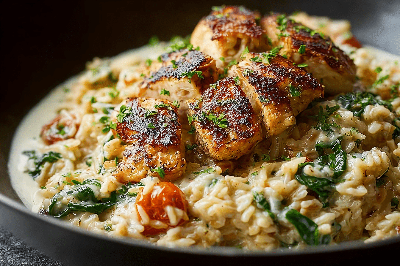 Creamy Parmesan Spinach Rice w/ Spicy Garlic Chicken