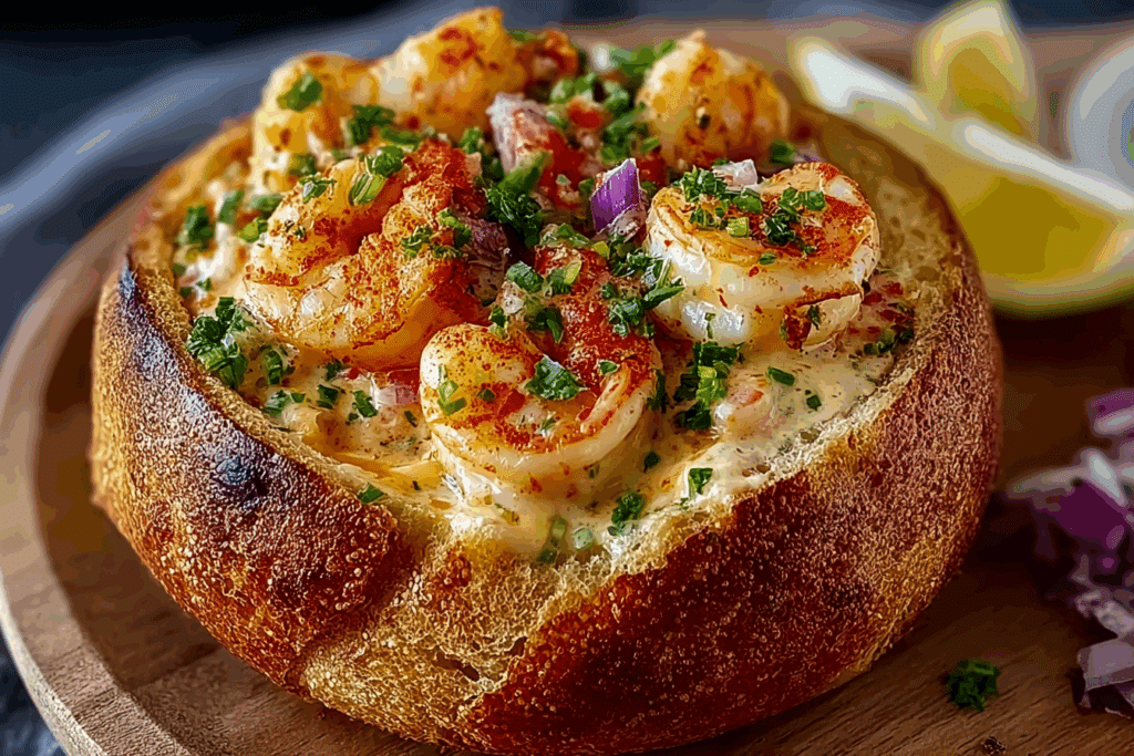 Creamy stuffed seafood bread bowl
