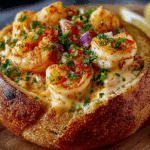 Creamy stuffed seafood bread bowl