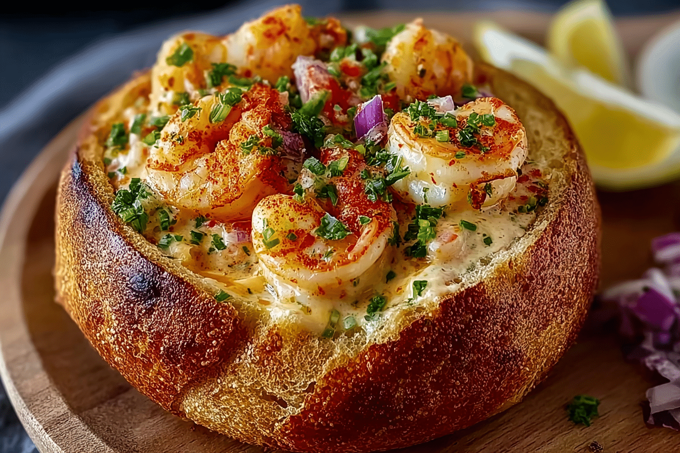 Creamy stuffed seafood bread bowl