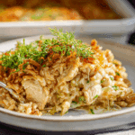 Dill Pickle French Onion Chicken Rice Casserole – Creamy, Crunchy, Tangy Weeknight Hero