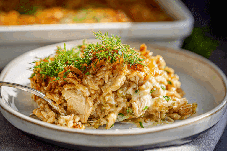 Dill Pickle French Onion Chicken Rice Casserole – Creamy, Crunchy, Tangy Weeknight Hero