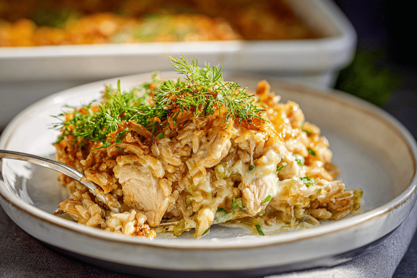Dill Pickle French Onion Chicken Rice Casserole – Creamy, Crunchy, Tangy Weeknight Hero