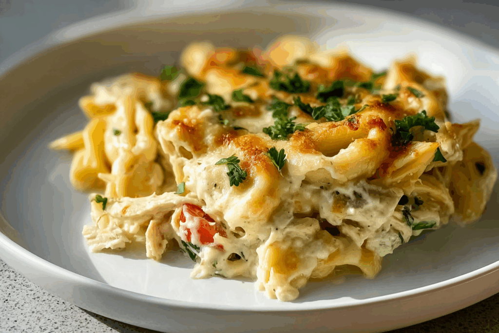 Dump-and-Bake Creamy Chicken Alfredo Tortellini Casserole