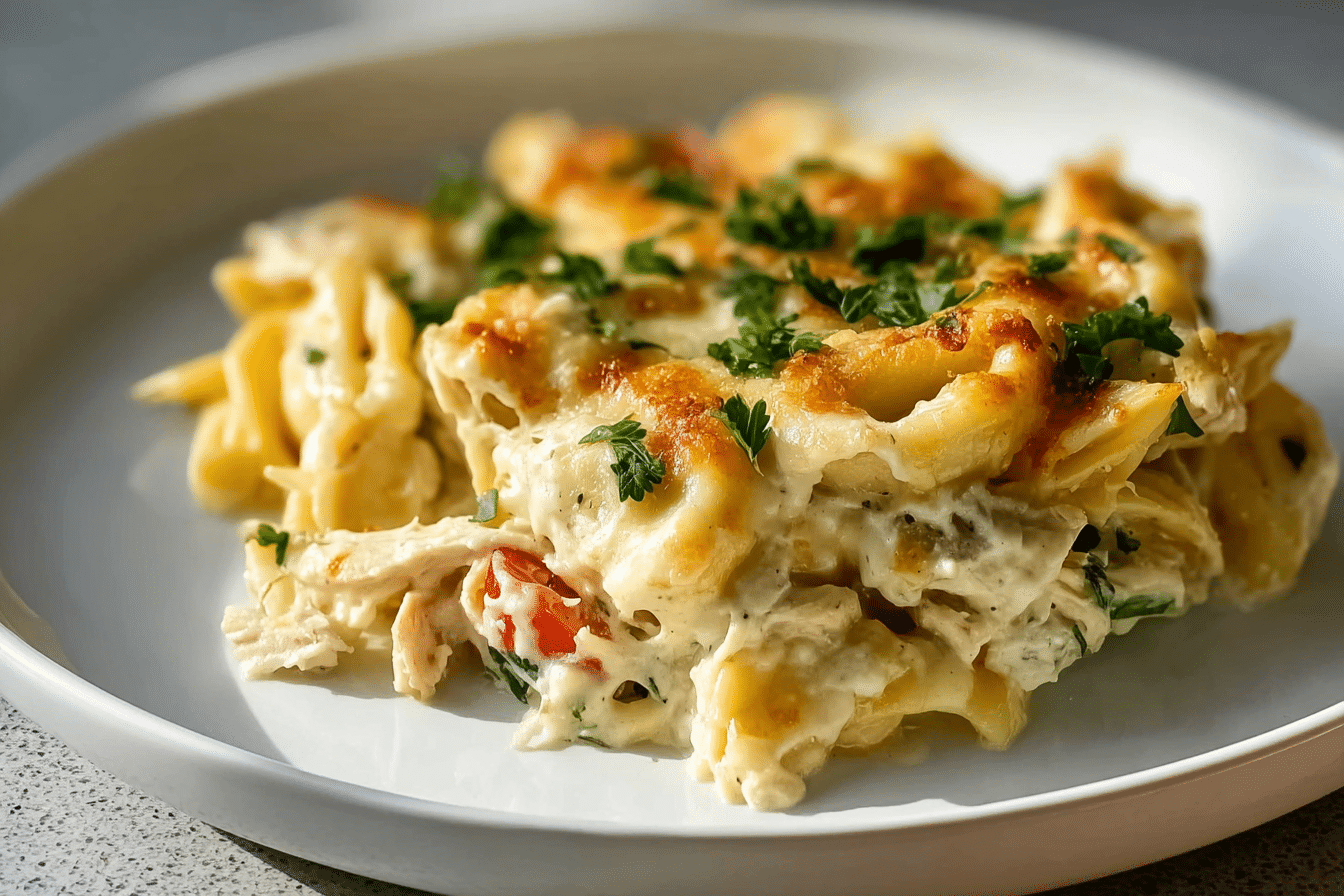 Dump-and-Bake Creamy Chicken Alfredo Tortellini Casserole