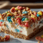 Fruity Pebbles Cookie Cheesecake Bars