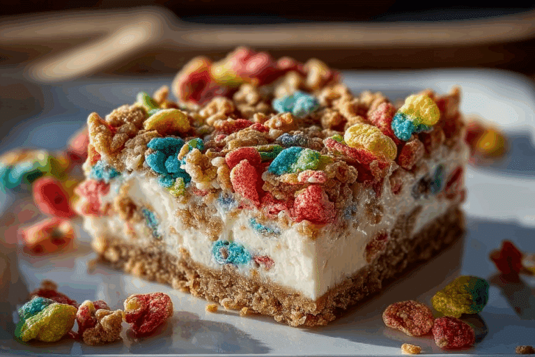 Fruity Pebbles Cookie Cheesecake Bars