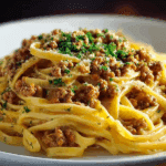Garlic Butter Ground Beef Linguine in Creamy Parmesan Sauce