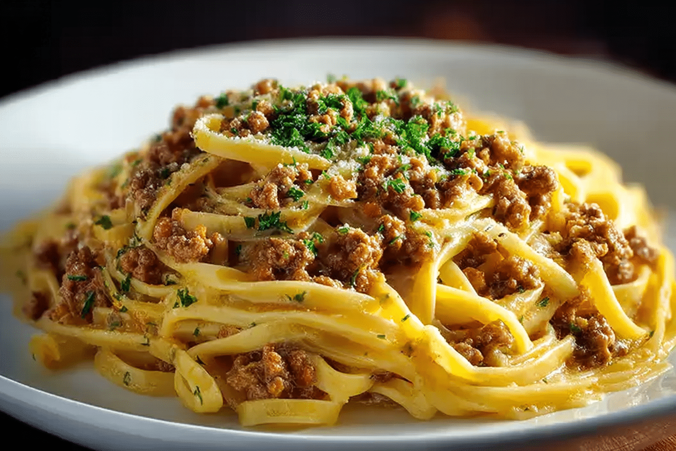 Garlic Butter Ground Beef Linguine in Creamy Parmesan Sauce