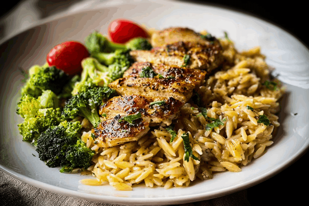 Garlic Parmesan Chicken & Broccoli Orzo Skillet