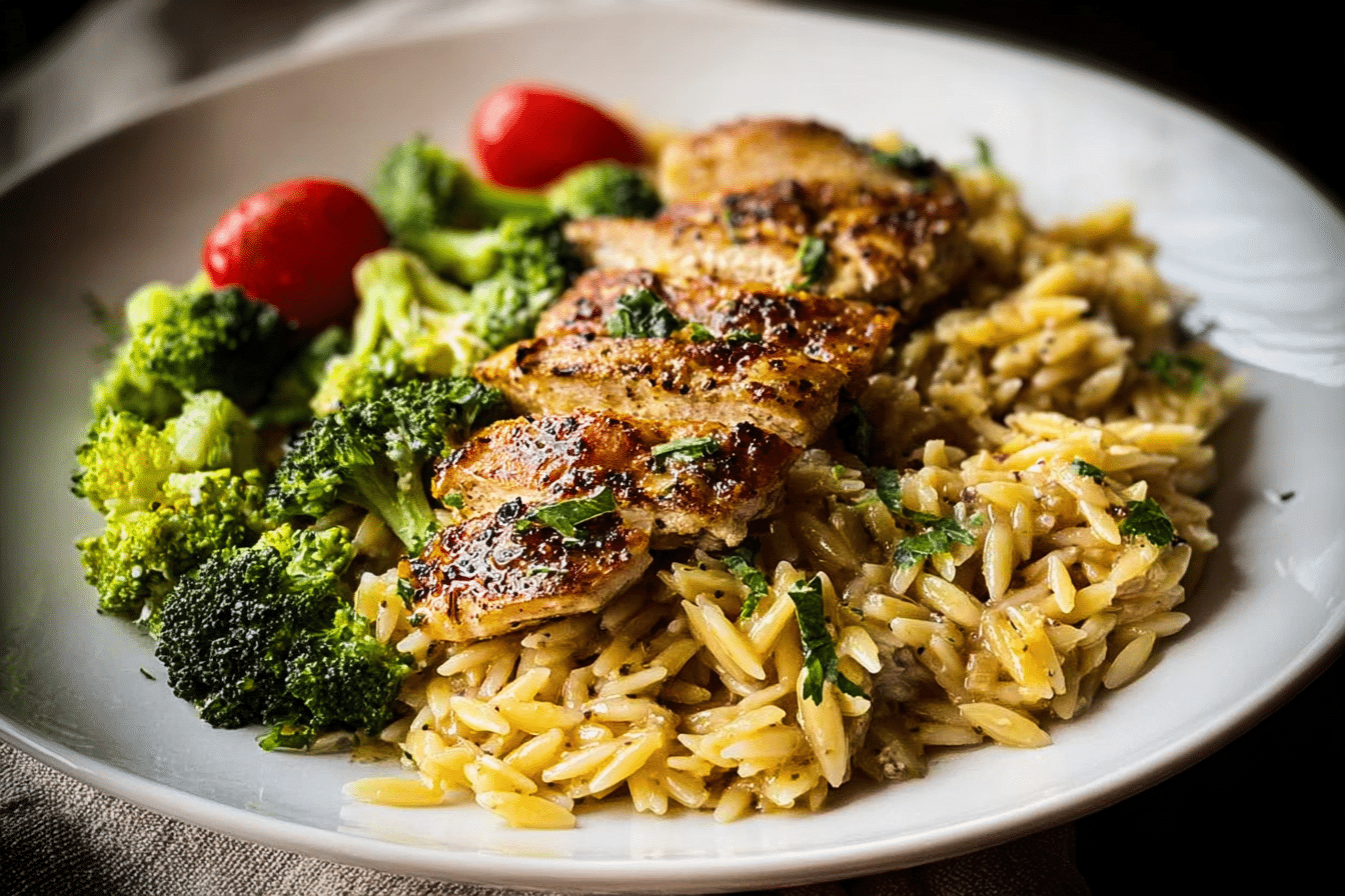 Garlic Parmesan Chicken & Broccoli Orzo Skillet