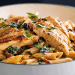 Pan-Seared Chicken with Creamy Penne and Roasted Potatoes